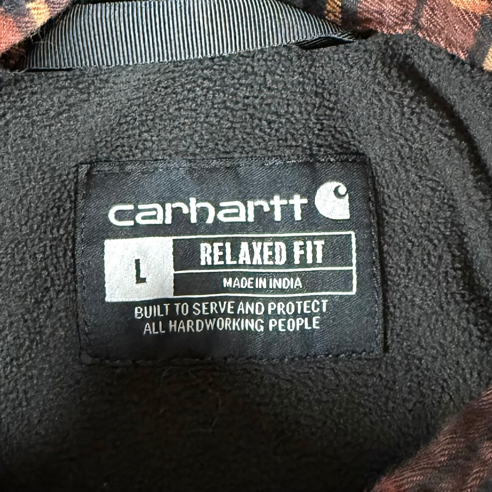 Carhartt Mens Large Brown Plaid Fleece Lined Hooded Flannel Shirt Jacket Shacket - Picture 5 of 7